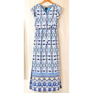 Adrianna Papell Floral Maxi Dress Size 12 Blue w Tassel Tie Front Stretch Waist